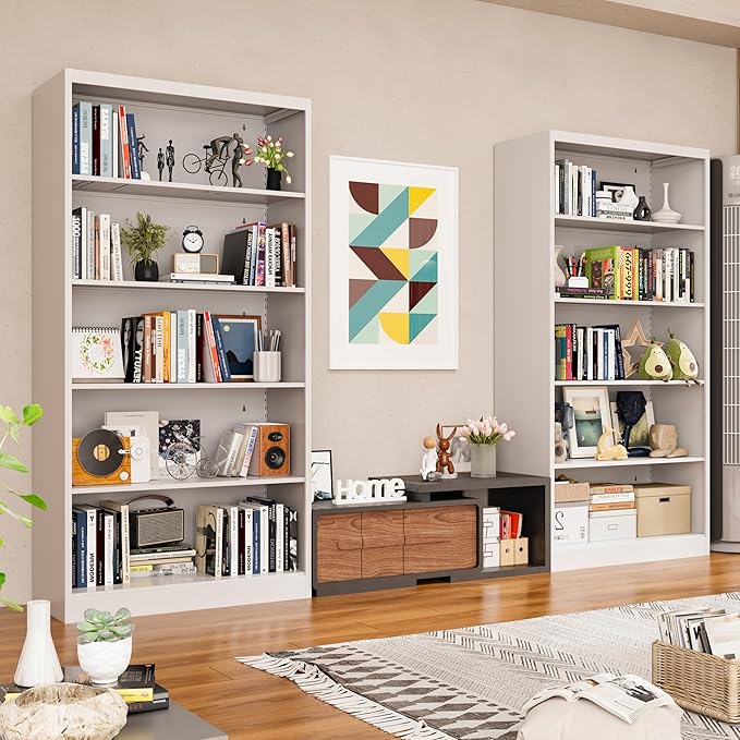 66" Tall Metal Bookcase, 5 Shelf White Bookcase with Adjustable Shelves, Large Bookshelves and Bookcases, Modern Book Shelf Storage Organizer for Living Room, Home Office, Library-Ruum Studio Home