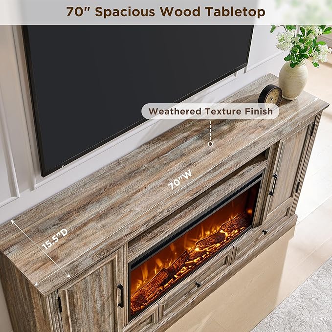 Fireplace TV Stand for 80 Inch TV, 35.7" Tall Farmhouse Entertainment Center W/36'' Electric Fireplace, Media Console with Large Storage Cabinets and Drawers for Living Room, Purple Oak-Ruum Studio Home