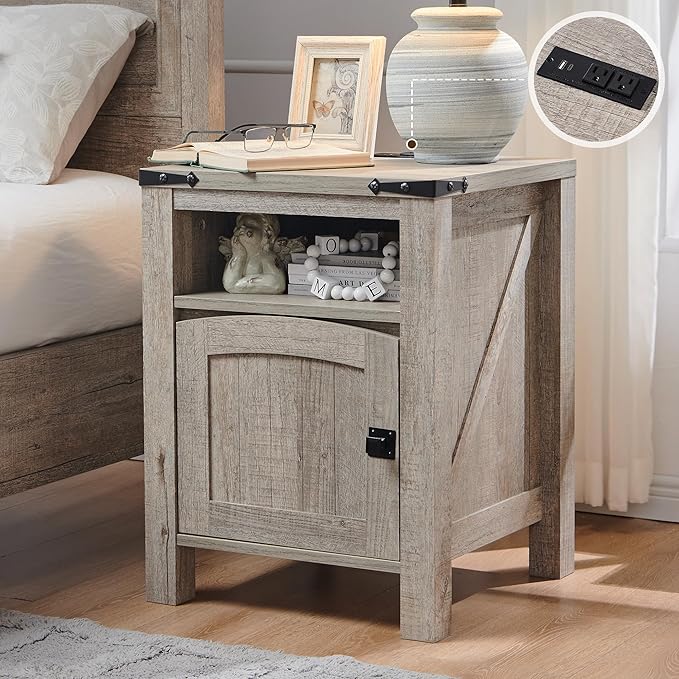 OKD Farmhouse End Table with Charging Station, 18" Rustic Nightstand with Adjustable Storage Shelf, Wood Rustic Wood Sofa Side Table for Bedroom-Ruum Studio Home