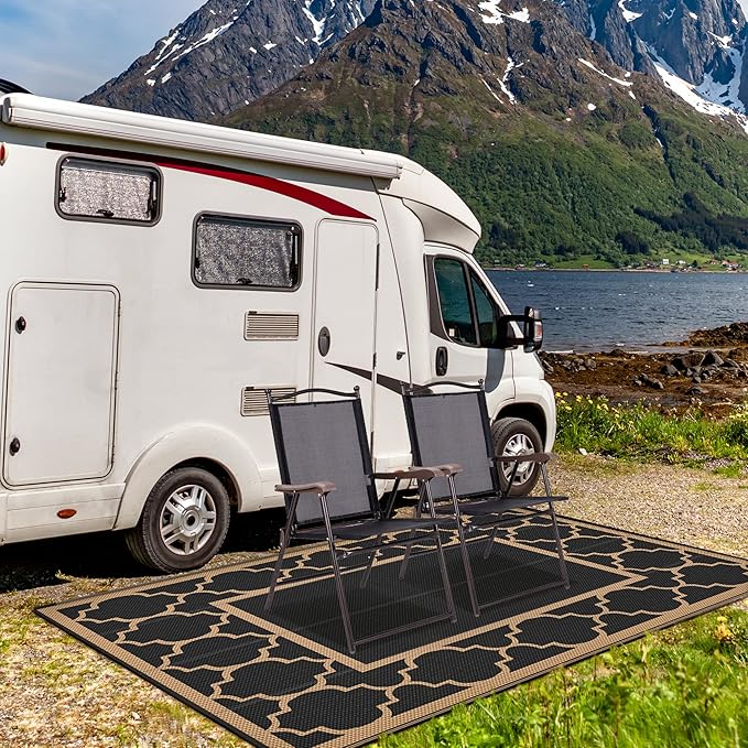 GENIMO 4 ' x 6 ' Outdoor Rug for Patio Clearance, Waterproof Indoor Outdoor Plastic Straw Rugs Carpet, Reversible Outside Area Rv Mat for Camping, Balcony Porch, Deck, Picnic, Beach (Black & Brown)-Ruum Studio Home