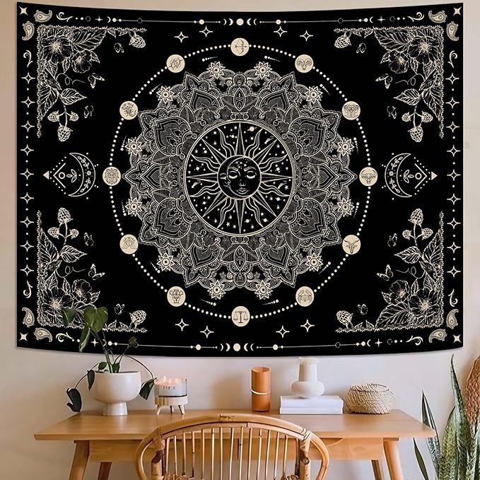 Lunerfex Sun and Moon Mandala Tapestry Boho Tapestry for Bedroom Black and White Tapestries Wall Hanging Living Room Wall Art and Home Decor 60x80-Ruum Studio Home