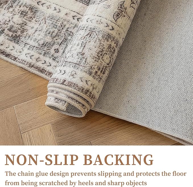 5'x7' Area Rug - Vintage Persian Medallion Design Low-Pile Faux Wool Rug, Non-Slip Backing, Machine Washable, for Living Room, Dining Room, Bedroom (Cream/Taupe)-Ruum Studio Home