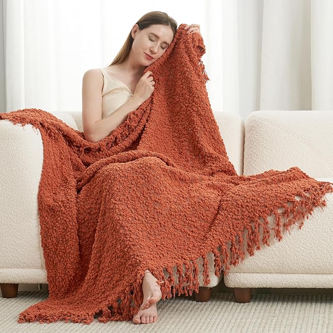 Amélie Home Knit Throw Blanket with Tassels for Couch, Luxury Boho Throw Blanket for Summer Orange, 50"x60"-Ruum Studio Home