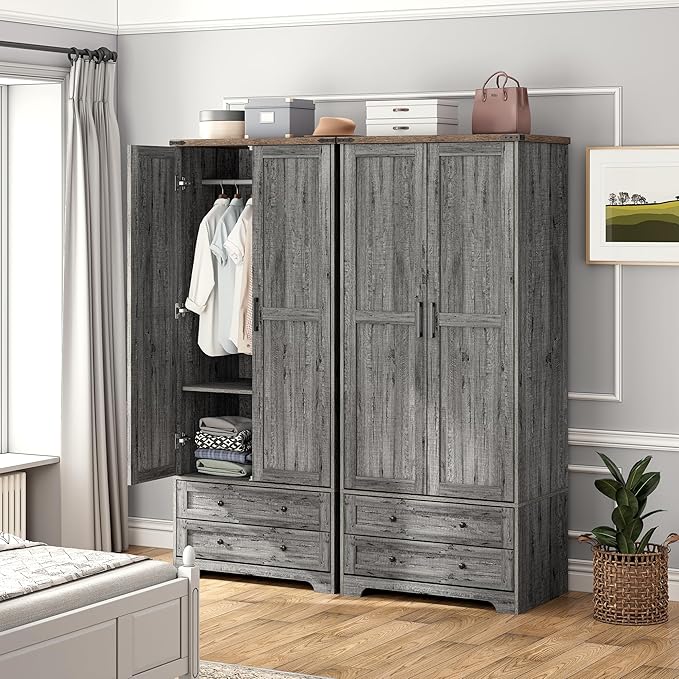 Brafab Armoire Wardrobe Closet with 2 Modern Doors, 71" Tall Freestanding Closet Wardrobe Cabinet with Drawers and Hanging Rail, Light Wooden Storage Cabinet with Shelve for Bedroom (Grey, 4 Doors)-Ruum Studio Home
