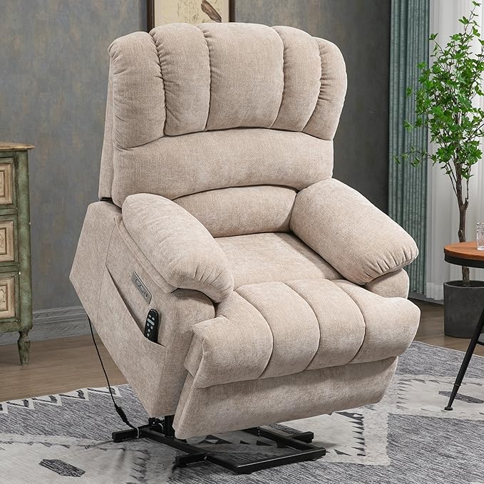 Large Power Lift Recliner Chair with Massage and Heat for Elderly, Ergonomic Backrest, Infinite Adjust, 2 Side Pockets,USB and Type-C Ports, Chenille Beige-Ruum Studio Home
