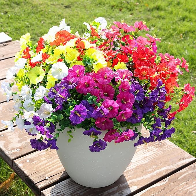 Artificial Flowers for Outdoors Fake Plants Outside Decoration, 12 Bundles Silk Colorful Morning Glory with Eucalyptus UV Resistant Realistic Faux Flowers for Planter Porch Patio Yard Garden-Ruum Studio Home