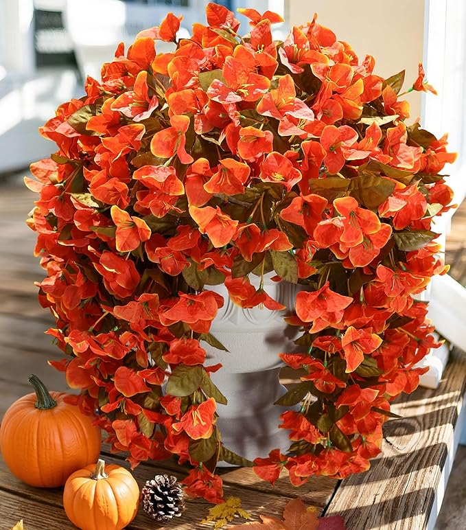 Bougainvillea Artificial Flowers Plants for Outdoors Outside Fall Autumn Decor, 2 pcs Faux Silk Long Trailing Vines UV Resistant Look Real Orange Fake Flowers for Front Door Porch Planter Urn Patio-Ruum Studio Home