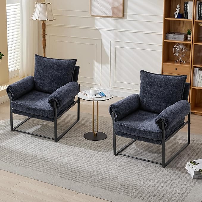 YISHENG Accent Chair with 6-Angle Adjustable Backrest, Chenille Fabric Living Room Chair Upholstered Lounge Chair, Modern Chair Cozy Reclining Chair for Reading Room, Set of 2 Dark Blue-Ruum Studio Home