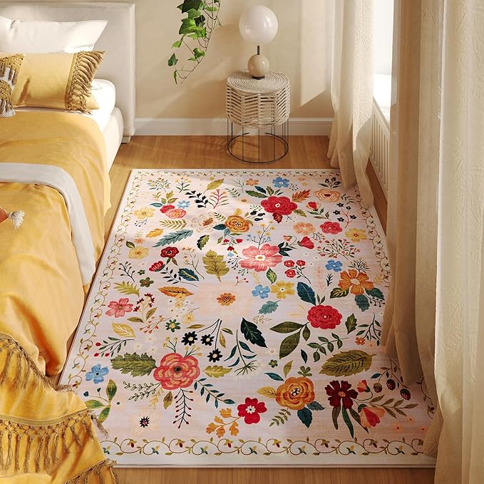 Area Rug 4x6 Rug Washable Boho Rugs Non Slip Low Pile Floral Small Carpet for Bedroom, Bedside, Kids Room, Office, Dining Room(Beige)-Ruum Studio Home