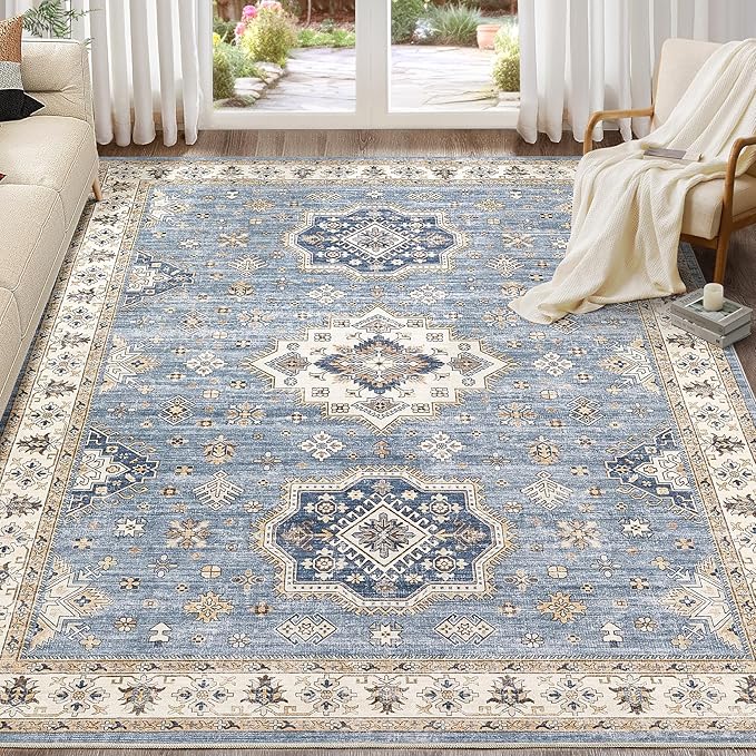 Washable Area Rugs for Living Room - 7x9 Neutral Vintage Distressed Floral Farmhouse Boho Large Soft Floor Rug Indoor Non Slip Carpet for Living Room Bedroom Dining Room Office - Blue-Ruum Studio Home