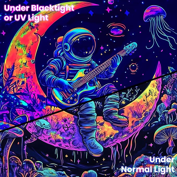 BVBOX Astronaut Space Blacklight Tapestry 79"x59", UV Reactive Astronaut Guitar Moon Universe Galaxy Planet Glow in Dark Music Tapestries, Black Light Neon Upright Poster Wall Hanging Backdrop Decor for Bedroom Living Room-Ruum Studio Home