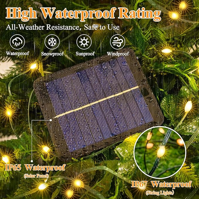 Solar String Lights 120LED 40FT, IP67 Waterproof Solar Lights for Outside with 8 Lighting Modes, Upgraded Solar Panel Fairy Lights for Garden Party Wedding Decorations (Warm White)-Ruum Studio Home