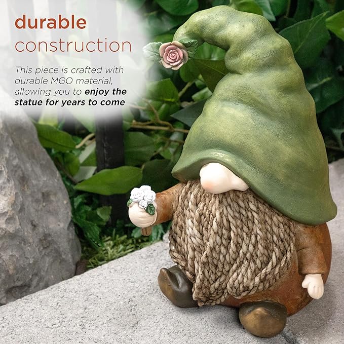 Alpine Corporation QWR1442 Outdoor Gnome with Green Hat Holding a Flower for Garden, Patio, and Lawn, 10" H, Multicolor-Ruum Studio Home