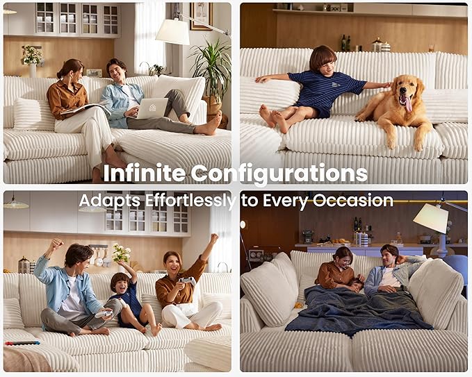 Oversized Modular Sofa, Extra Deep Cloud Corduroy Sectional Couch with Ottoman Chaise, Fluffy Corduroy 2 Seater Sofa Bed for Living Room, Villa (Loveseat Sofa, Corduroy White)-Ruum Studio Home