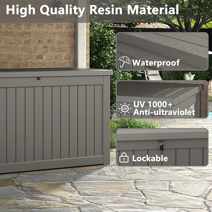 KAMABOKO 230 Gallon Outdoor Storage Box, Resin Deck Boxes Indoor and outdoor, Waterproof Storage Box Lockable Lid for Garden Tools, Package Delivery, Patio Cushions, Grey-Ruum Studio Home