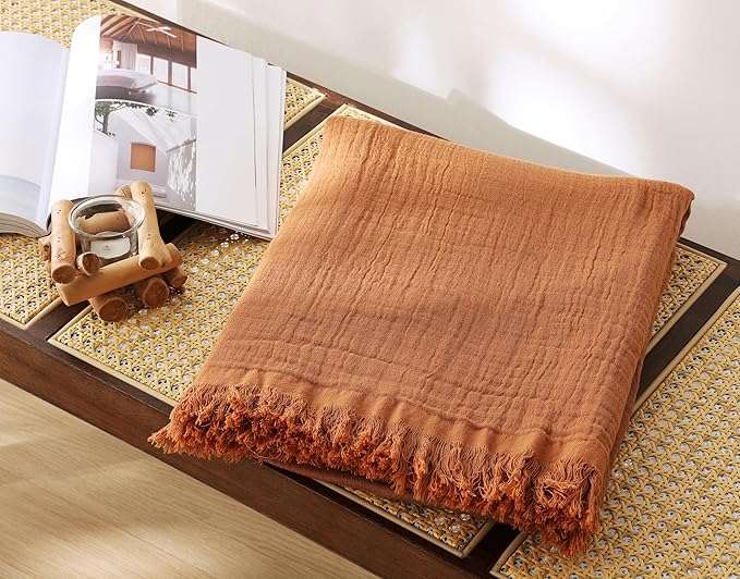 100% Cotton Muslin Throw Blanket for Bed, Couch, Travel, Luxuriously Soft, Pre-Washed, Breathable and Lightweight Gauze Blanket with Tassels, Suitable for All Seasons, Rust, 50"x60"-Ruum Studio Home
