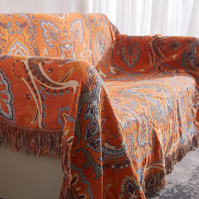 Boho Throw Blanket for Couch Sofa Bed, 100% Cotton Woven Quilt with Tassel 80”x90”, Super Soft Muslin Blanket with Oriental Universe Printed, Decorative Reversible Bed Blanket/Cover for All Seasons-Ruum Studio Home