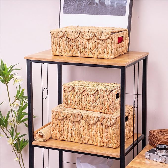 Set of 3 Scalloped Edge Wicker Basket with Lid, Rectangle Wicker Storage Basket with Built-in Handles, Multipurpose Organizer Rattan Display Boxes for Shelf, Nursery Room-Ruum Studio Home