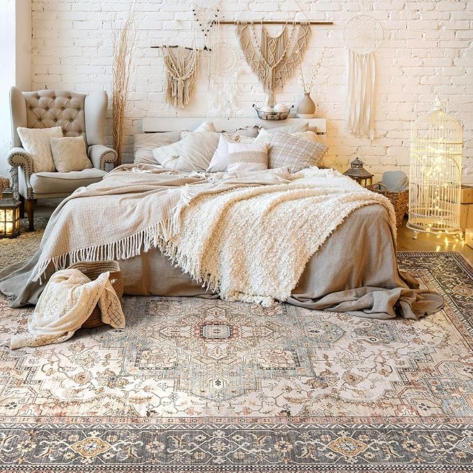 Washable Area Rugs for Living Room - 5x7 Neutral Vintage Distressed Floral Farmhouse Boho Large Soft Floor Rug Indoor Non Slip Carpet for Bedroom Dining Room Office - Forest Green Orange-Ruum Studio Home
