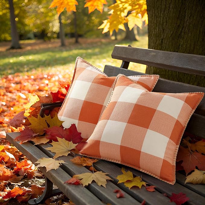 decorUhome Fall Orange and White Decorative Throw Pillow Covers 24x24 Set of 2, Buffalo Plaid Check Farmhouse Cushion Covers with Stitched Edge for Autumn Harvest Couch Sofa Bed Home Decor-Ruum Studio Home