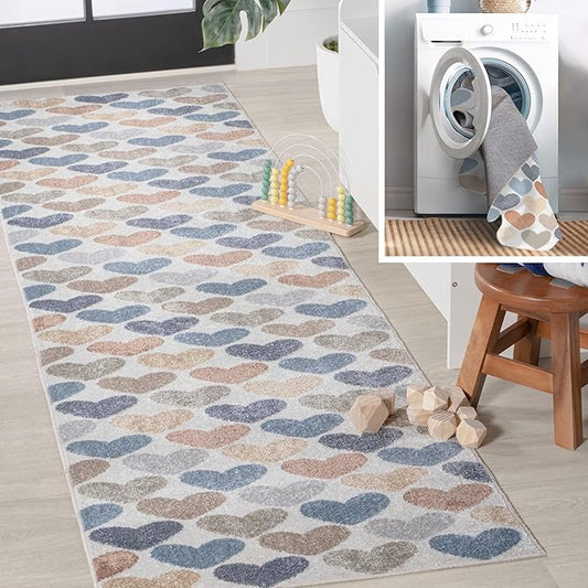JONATHAN Y Machine-Washable Ivory/Blue/Orange Runner Rug, 2x8, Dila Modern Hearts Geometric, Kids & Novelty, Vintage, Bedroom, Kitchen, Living Room, Easy-Cleaning, Non-Shedding (KDW101A-28)-Ruum Studio Home
