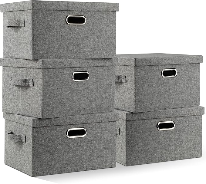 Medium 15" 21 Quart Collapsible Stackable Storage Bins with Lids, 5 Packs Grey Foldable Fabric Closet Boxes Heavy-duty Linen Cube Baskets Container for Bedroom Office (15 x 11 x 8)-Ruum Studio Home