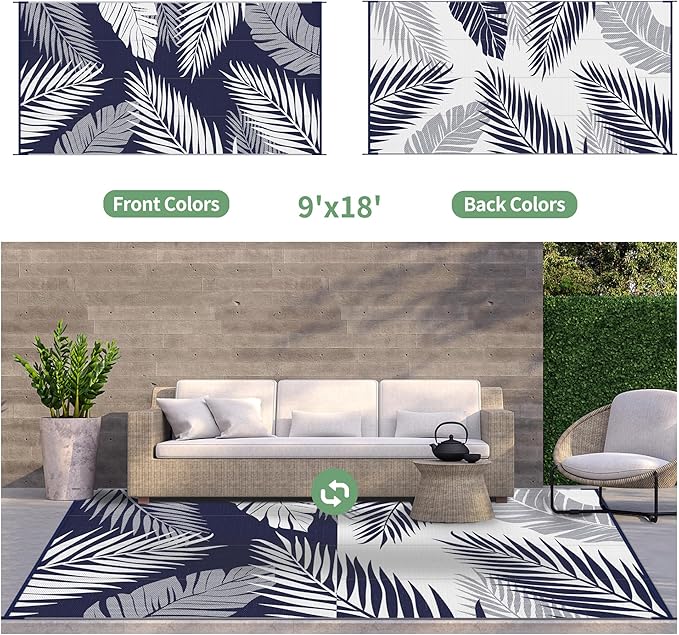 GENIMO Outdoor Rug 9' x 18' Waterproof for Patios Clearance, Reversible Outdoor Plastic Straw Camping Rug Carpet, Large Area Rugs Mats for RV, Camper, Deck, Balcony, Porch, Beach, Navy Blue&White-Ruum Studio Home