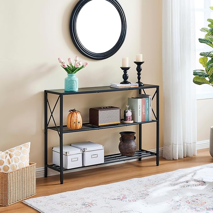 Hoctieon Industrial Console Table, 3 Tier Entryway Table, Hallway Table, Narrow Sofa Table with Shelves, Entrance Table for Entryway, Living Room, Foyer, Hallway, Office, Black-Ruum Studio Home