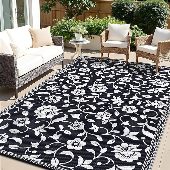 OLANLY Waterproof Outdoor Rug 6x9 ft, Outdoor Plastic Straw Rug with Flower Pattern, Reversible RV Mat for Patio, Camping, Balcony, Deck, Backyard, Black & White-Ruum Studio Home