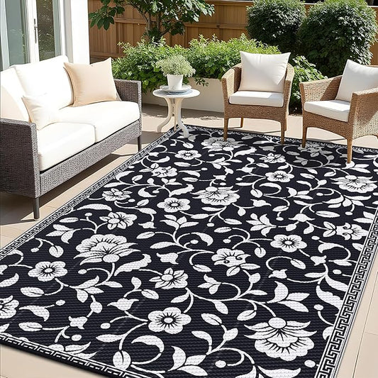 OLANLY Waterproof Outdoor Rug 8x10 ft, Outdoor Plastic Straw Rug with Flower Pattern, Reversible RV Mat for Patio, Camping, Balcony, Deck, Backyard, Black & White-Ruum Studio Home