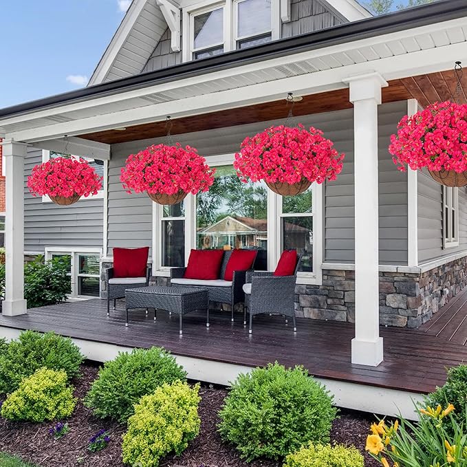 Artificial Faux Hanging Plants Flowers Basket for Outdoor Outside Spring Summer Decoration, Silk Morning Glory in Planter UV Resistant Look Real Fake Flower for Porch Patio Balcony Home Yard, Hot Pink-Ruum Studio Home