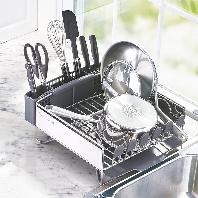 KitchenAid Compact Space Saving, Dish Rack with Removable Flatware Caddy and Angled Self Draining Drainboard, Satin Gray, 15-Inch-by-13.25-Inch-Ruum Studio Home