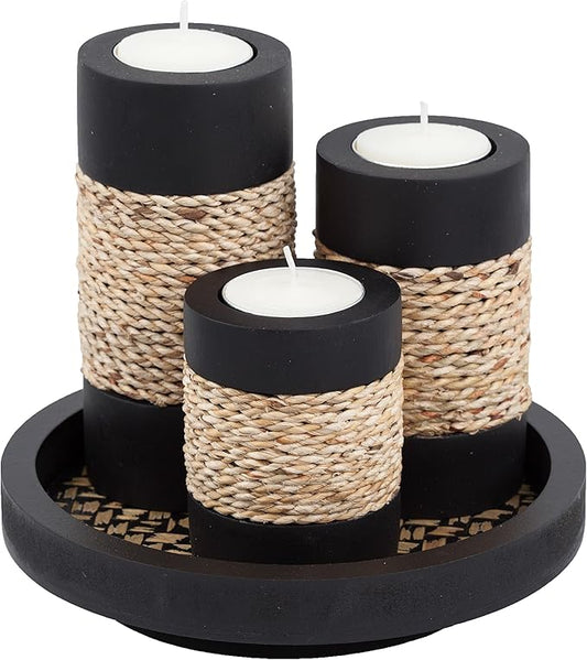 IYARA CRAFT Tealight Candle Holders with Tray – Set of 3 Handmade Wooden Candle Holders with Natural Rope Accent – Rustic Black Decor for Table Centerpiece, Office or Gift-Ruum Studio Home