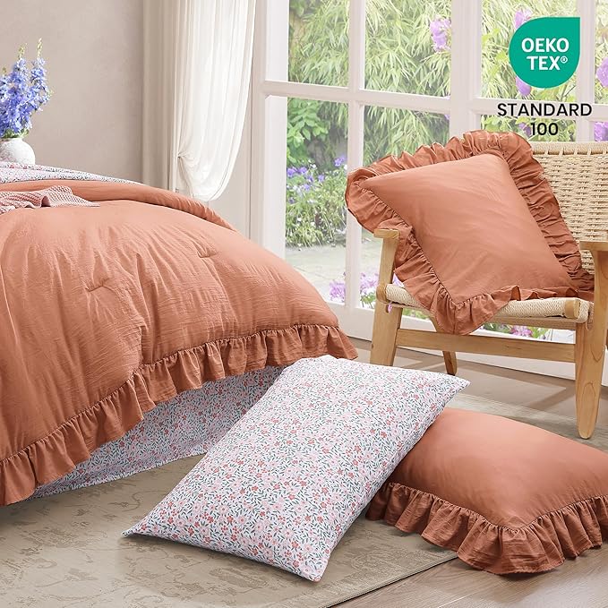 Full Comforter Set - 7 Pieces Ruffle Autumn Leaf Bedding Sets, Shabby Chic Farmhouse Bed in a Bag Full with Ruffle Comforter, Floral Sheets, Pillowcases & Shams-Ruum Studio Home