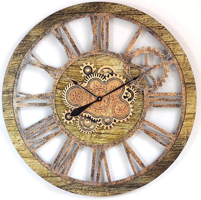 The Gears Clock 36'' Inch Real Moving Gear Wall Clock Vintage Industrial Oversized Rustic Farmhouse (Gold Antique)-Ruum Studio Home