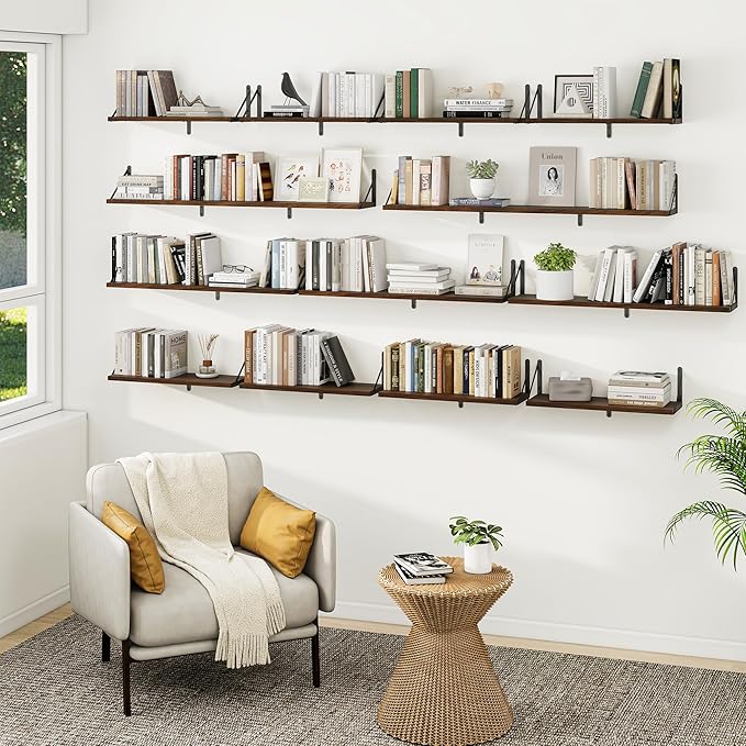 Heimlove 36 Inch Floating Bookshelves Set of 3,Heavy Duty Wall Mounted Bookshelves,Bookshelf for Living Room,Bedroom,Kitchen,Laundry Room Storage & Decor-Walnut Color-Ruum Studio Home