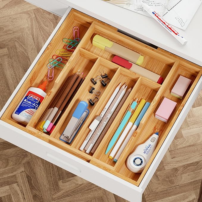 BAMEOS Bamboo Expandable Drawer Organizer, 5-7 Slots Kitchen Drawer Organizer, Adjustable Cutlery Tray for Utensils, Silverware & Flatware (Natural)-Ruum Studio Home