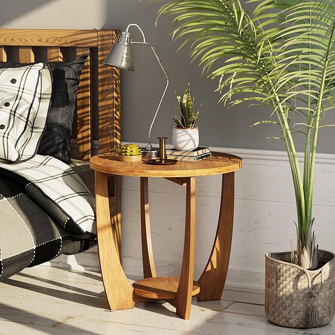 Rustic Farmhouse End Table with Storage Shelf, French Country Accent Side for Family, Dinning or Living Room, Small Spaces, Modern, Round, Vintage Caramel Brown Finish-Ruum Studio Home