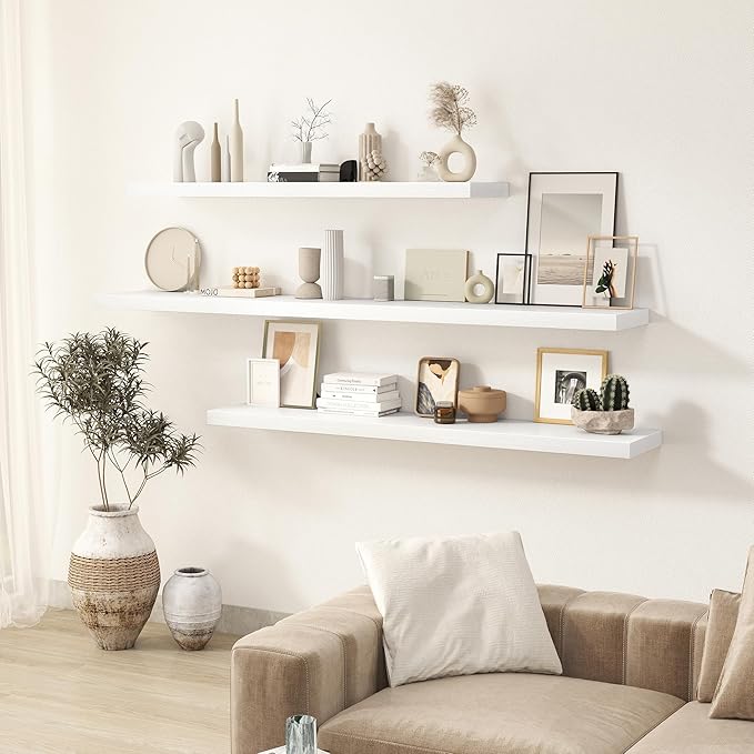 White Floating Shelves Wall Shelf 48 Inch, 8 Inch Deep Floating Shelf for Wall, Farmhouse Black Wood Shelves Invisible Bracket for Living Room, Bedroom, Kitchen, 48 x 9.3 x 1.4 Inch, Set of 2-Ruum Studio Home