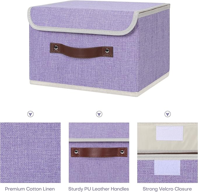 ANMINY Storage Bin with Lid Storage Boxes with PU Leather Handles PP Plastic Board Decorative Foldable Lidded Cotton Linen Fabric Home Cubes Baskets Closet Organizer Container - Purple, Small Size-Ruum Studio Home