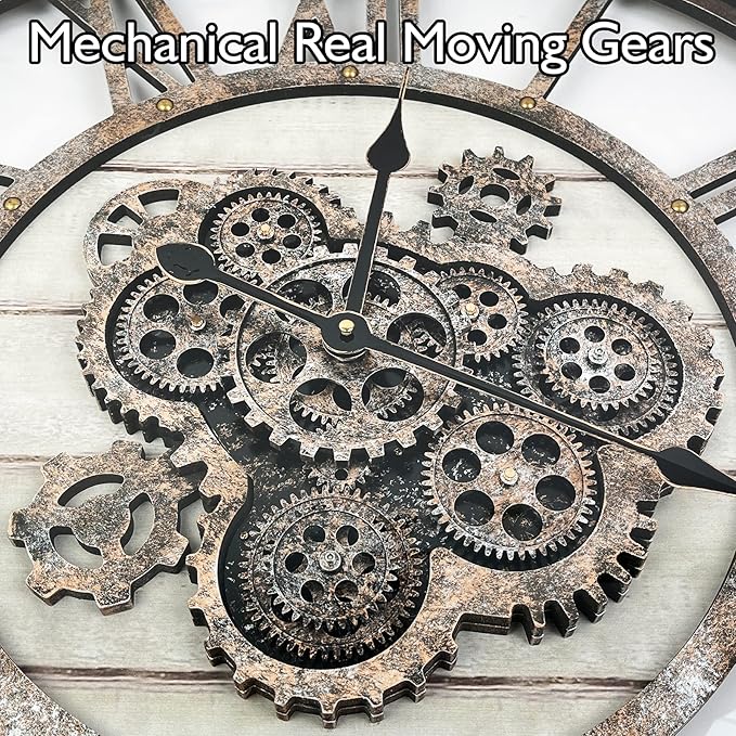 DORBOKER 24" Large Wall Clock with Moving Gears,Oversize Vintage Industrial Rustic Farmhouse Clocks for Living Room Decor Office Home,Solid Wood Retro Metal HD Tempered Glass Cover,Desert Beige-Ruum Studio Home