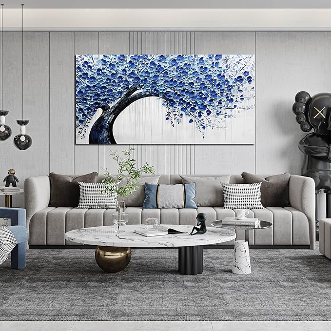 Large Wall Art for Living Room Bedroom Home Office Blue Tree of Life Wall Art Floral Picture Framed Wall Decor Modern Canvas Prints 29x59 In-Ruum Studio Home