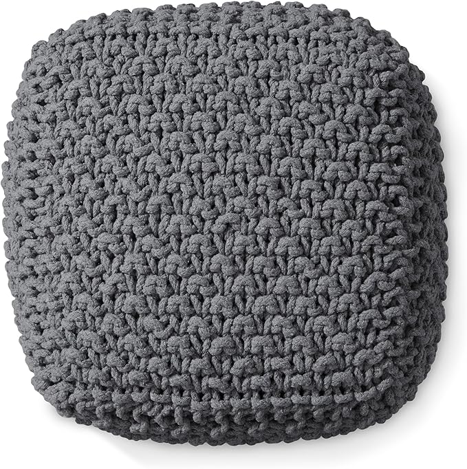 Casafield Square Pouf Ottoman, Dark Gray 18.5" W x 18.5" D x 14.5" H Cotton Knit Foot Stool - Boho Floor Pouffe for Living Room, Bedroom, Home Office-Ruum Studio Home