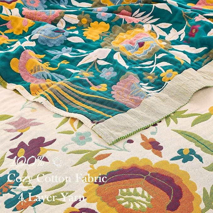 Boho Throw Blanket for Bed, 100% Cotton Soft Rustic Quilt Fall Blanket, 90"x98" Floral Printed Farmhouse Decor Bed Blankets, All Season Rustic Reversible Bohemian Throw Quilt-Ruum Studio Home