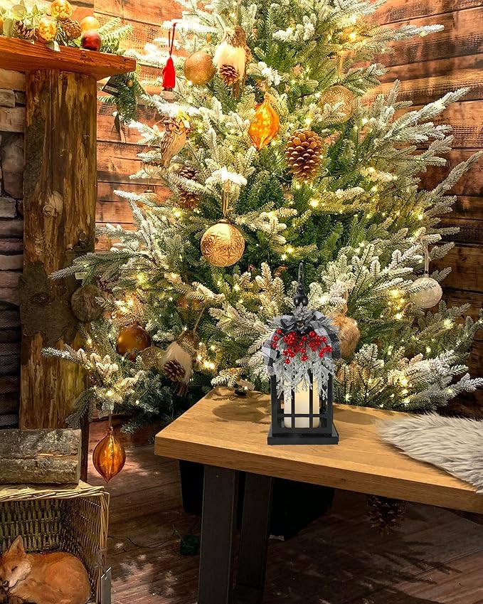 iStatue Metal Black Christmas Lantern with Flameless Candle, 14'' Modern Farmhouse Decor Festive Holiday Rustic Home Gifts for Indoor / Outdoor (Xmas)-Ruum Studio Home