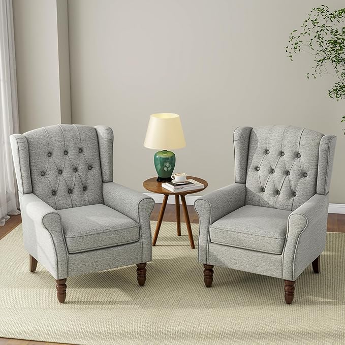 Accent Chair, Upholstered Armchair with Button Tufted High Back & Solid Wood Legs, Comfy Wingback Reading Single Sofa Chair for Small Spaces, Living Room, Bedroom (Light Grey, Set of 2)-Ruum Studio Home
