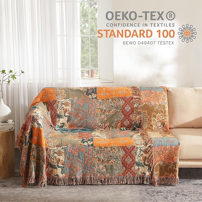 Boho Throw Blanket for Bed 60”x80”, 100% Cotton Woven Blanket for Couch Sofa, Ultra Soft 4-Layer Muslin Quilt with Patchwork Floral Printed, Farmhouse Bed Blanket/Cover for Living Room Decor-Ruum Studio Home