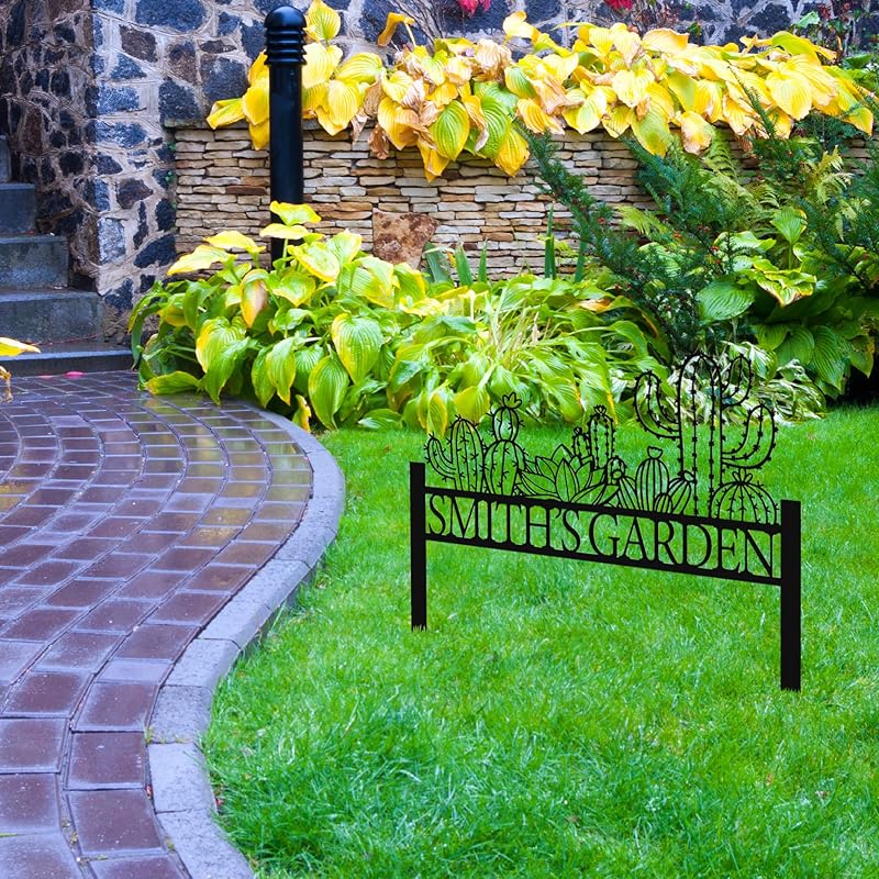 Personalized Cactus Metal Garden Sign, Large Garden Decoration Metal Sign with Stakes, Custom Gardener Family Name Sign, Cactus Decor for Outdoor, Patio Decorative, Yard Art, New Home Gift-Ruum Studio Home