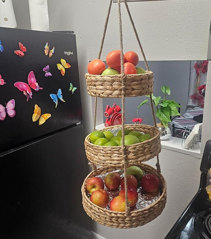 Generic HANFRUBASK - Hanging Fruit Basket Set of 3, Woven Water Hyacinth, Round, Beige, Rustic, Kitchen Storage & Organization-Ruum Studio Home