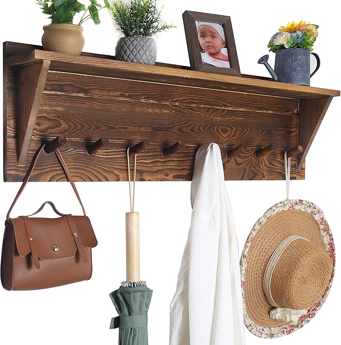 WEBI Coat Rack Wall Mount with Shelf,8 Peg Hooks,34" Long Rustic Entryway Wall Shelf with Hooks Underneath for Hanging Coats,Clothes,Bathroom,Rustic Brown-Ruum Studio Home